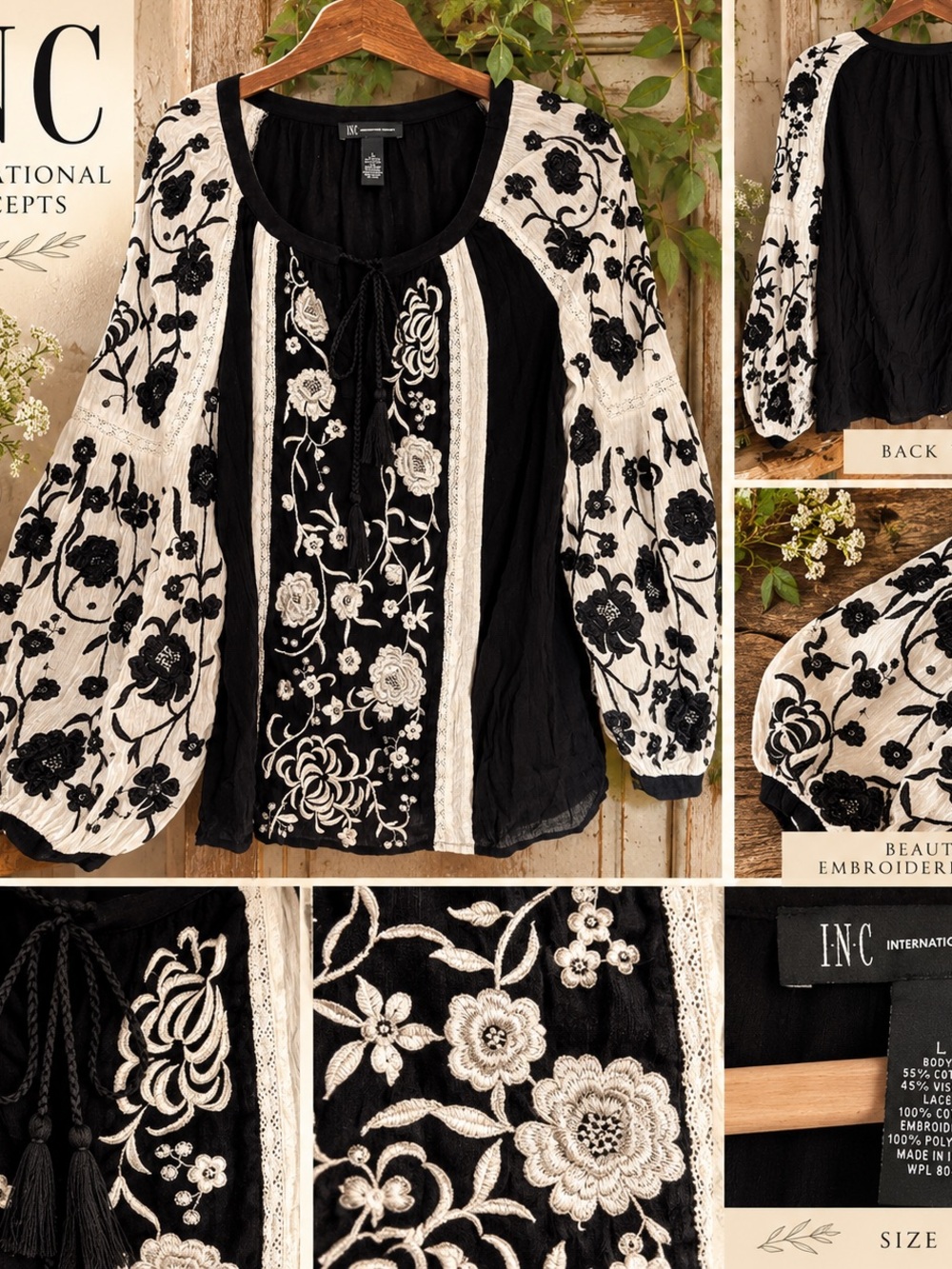 INC International Concepts Black and Cream Floral Embroidered Peasant Top